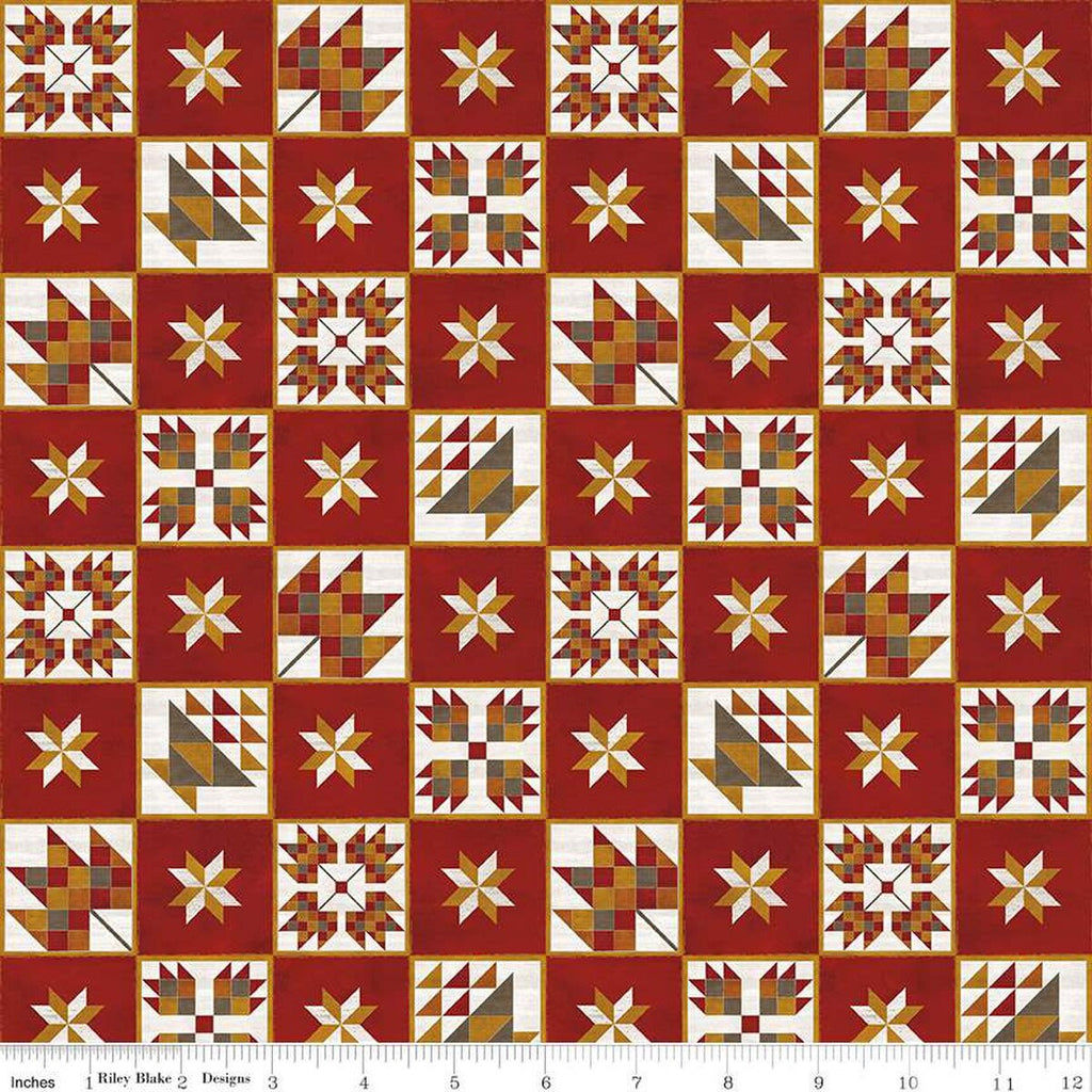 Fall Barn Quilts Blocks C12201 Red - Riley Blake Designs - Autumn Printed Leaf Basket Star Quilt Blocks - Quilting Cotton Fabric