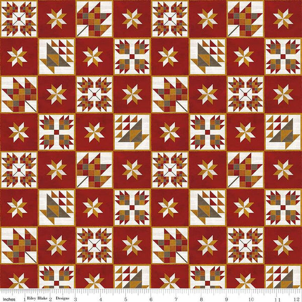 SALE Fall Barn Quilts Blocks C12201 Red - Riley Blake Designs - Autumn Printed Leaf Basket Star Quilt Blocks - Quilting Cotton Fabric