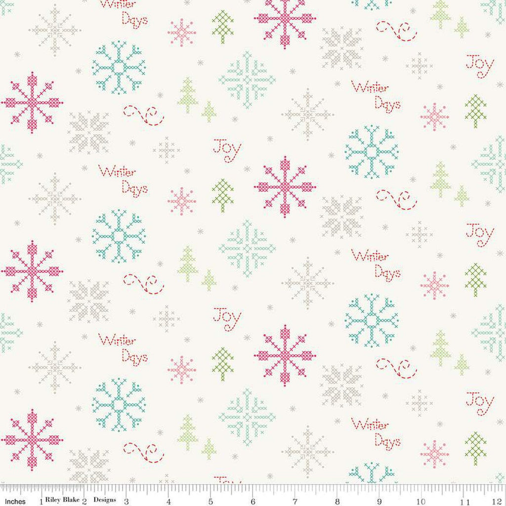 Winter Wonder Cross Stitch C12062 Cream - Riley Blake Designs - Christmas Snowflakes Text - Quilting Cotton Fabric
