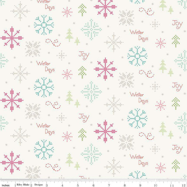 Winter Wonder Cross Stitch C12062 Cream - Riley Blake Designs - Christmas Snowflakes Text - Quilting Cotton Fabric