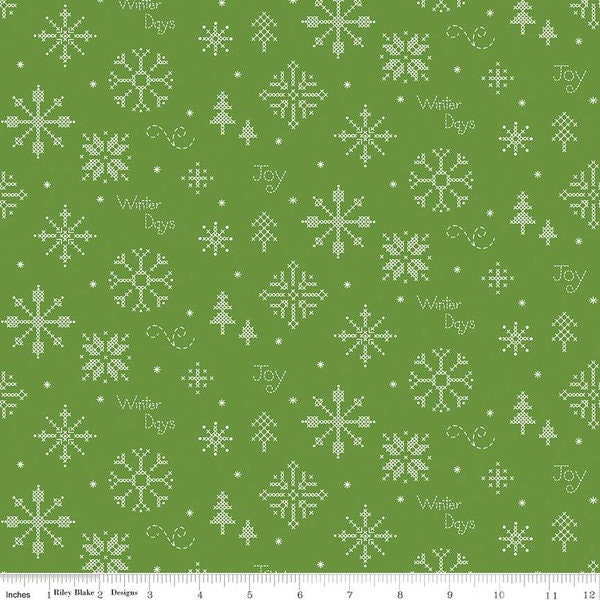 Winter Wonder Cross Stitch C12062 Green - Riley Blake Designs - Christmas Snowflakes Text - Quilting Cotton Fabric