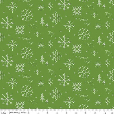 Winter Wonder Cross Stitch C12062 Green - Riley Blake Designs - Christmas Snowflakes Text - Quilting Cotton Fabric