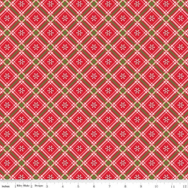 Winter Wonder Plaid C12067 Red - Riley Blake Designs - Christmas Diagonal White Snowflakes - Quilting Cotton Fabric
