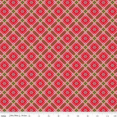 Winter Wonder Plaid C12067 Red - Riley Blake Designs - Christmas Diagonal White Snowflakes - Quilting Cotton Fabric
