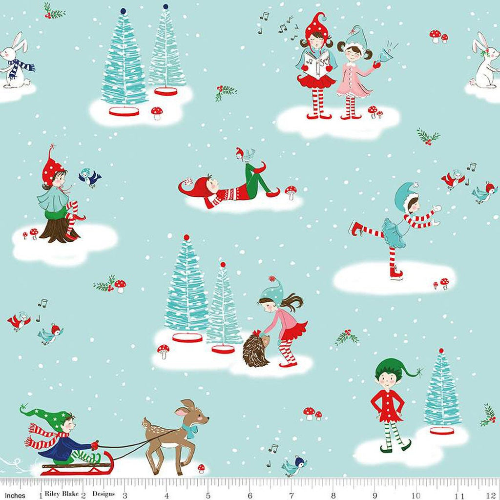 Pixie Noel 2 Main C12110 Aqua - Riley Blake Designs - Christmas Pixies Animals Trees Snow - Quilting Cotton Fabric