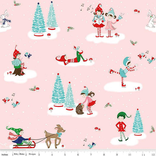 Pixie Noel 2 Main C12110 Pink - Riley Blake Designs - Christmas Pixies Animals Trees Snow - Quilting Cotton Fabric