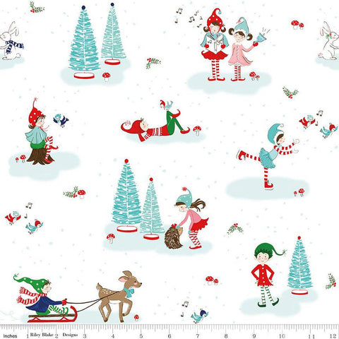 Pixie Noel 2 Main C12110 White - Riley Blake Designs - Christmas Pixies Animals Trees Snow - Quilting Cotton Fabric