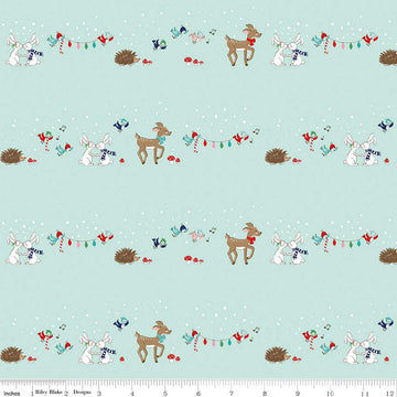 SALE Pixie Noel 2 Animals C12111 Mint - Riley Blake Designs - Christmas Deer Rabbits Birds Hedgehogs Mushrooms - Quilting Cotton Fabric