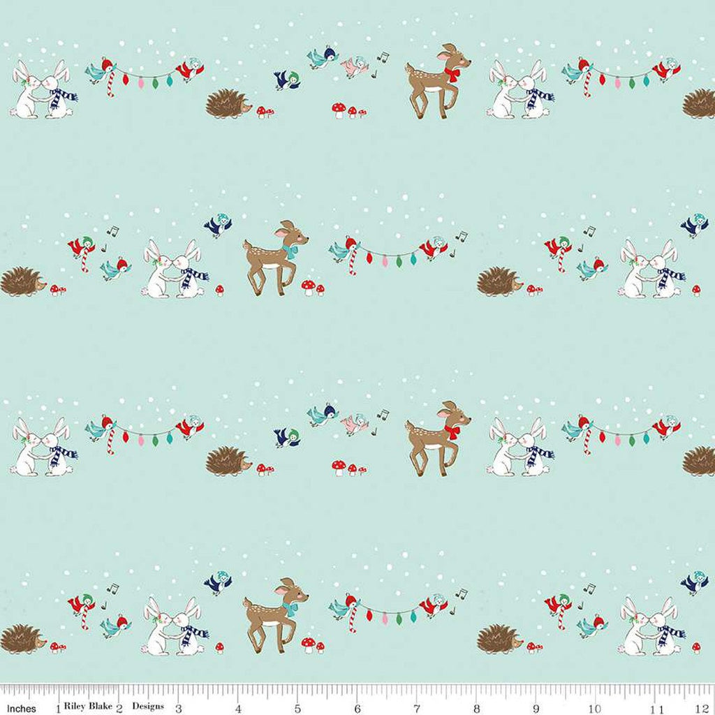SALE Pixie Noel 2 Animals C12111 Mint - Riley Blake Designs - Christmas Deer Rabbits Birds Hedgehogs Mushrooms - Quilting Cotton Fabric