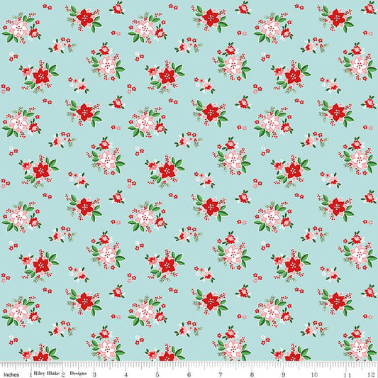 SALE Pixie Noel 2 Poinsettias C12113 Aqua - Riley Blake Designs - Christmas Floral Flowers - Quilting Cotton Fabric
