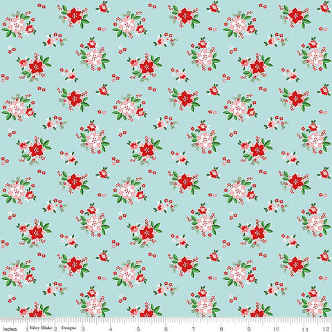 SALE Pixie Noel 2 Poinsettias C12113 Aqua - Riley Blake Designs - Christmas Floral Flowers - Quilting Cotton Fabric