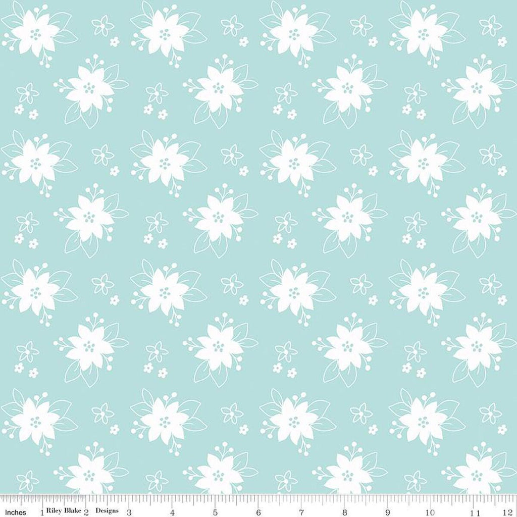 Pixie Noel 2 Floral C12116 Aqua - Riley Blake Designs - Christmas White Flowers - Quilting Cotton Fabric