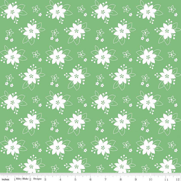 SALE Pixie Noel 2 Floral C12116 Green - Riley Blake Designs - Christmas White Flowers - Quilting Cotton Fabric