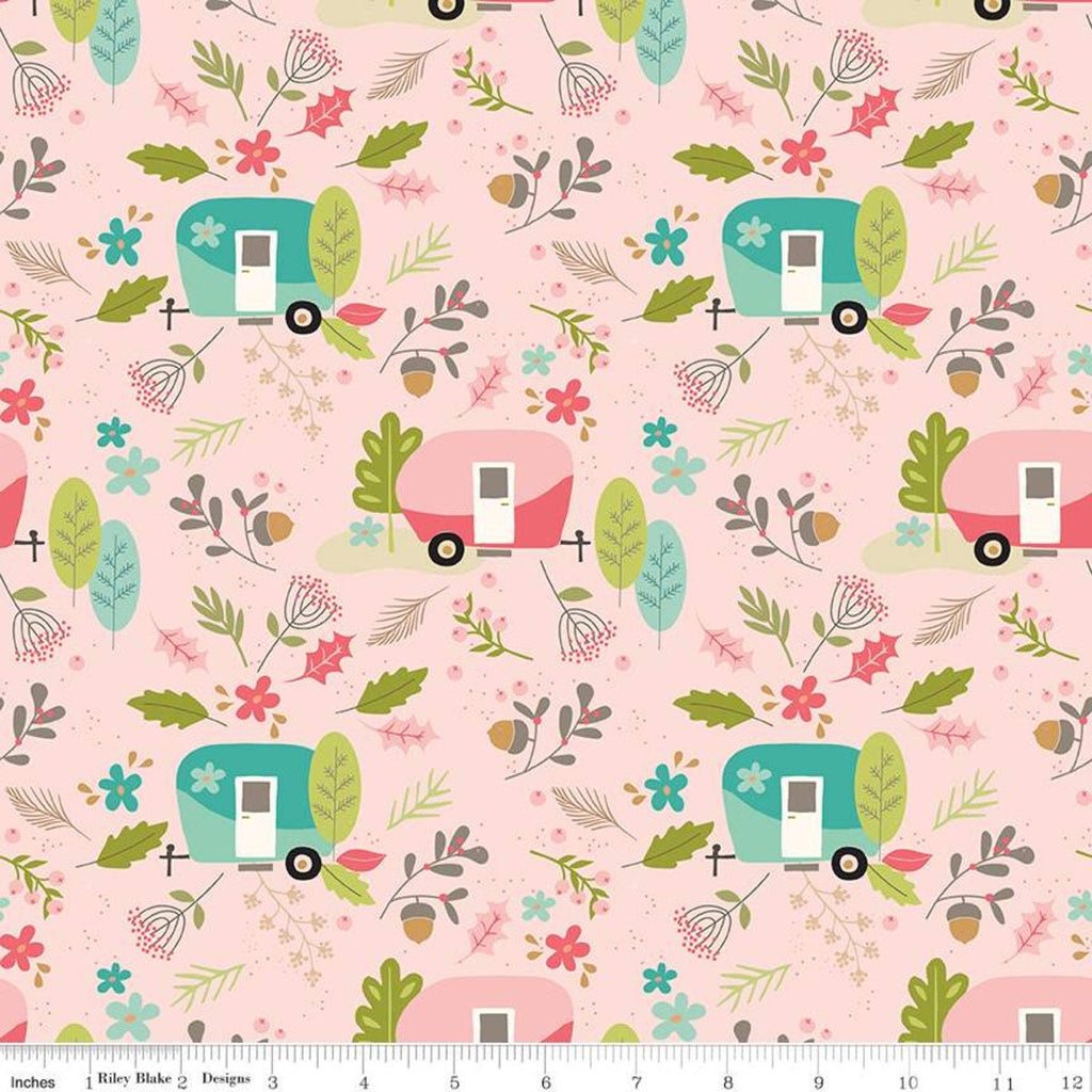 SALE Glamp Camp Main C12350 Pink - Riley Blake Designs - Glam Camping Glamping Trailers Flowers Leaves - Quilting Cotton Fabric