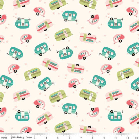 Glamp Camp Trailers C12351 Cream - Riley Blake Designs - Glam Camping Glamping Camper Trailer Flowers - Quilting Cotton Fabric