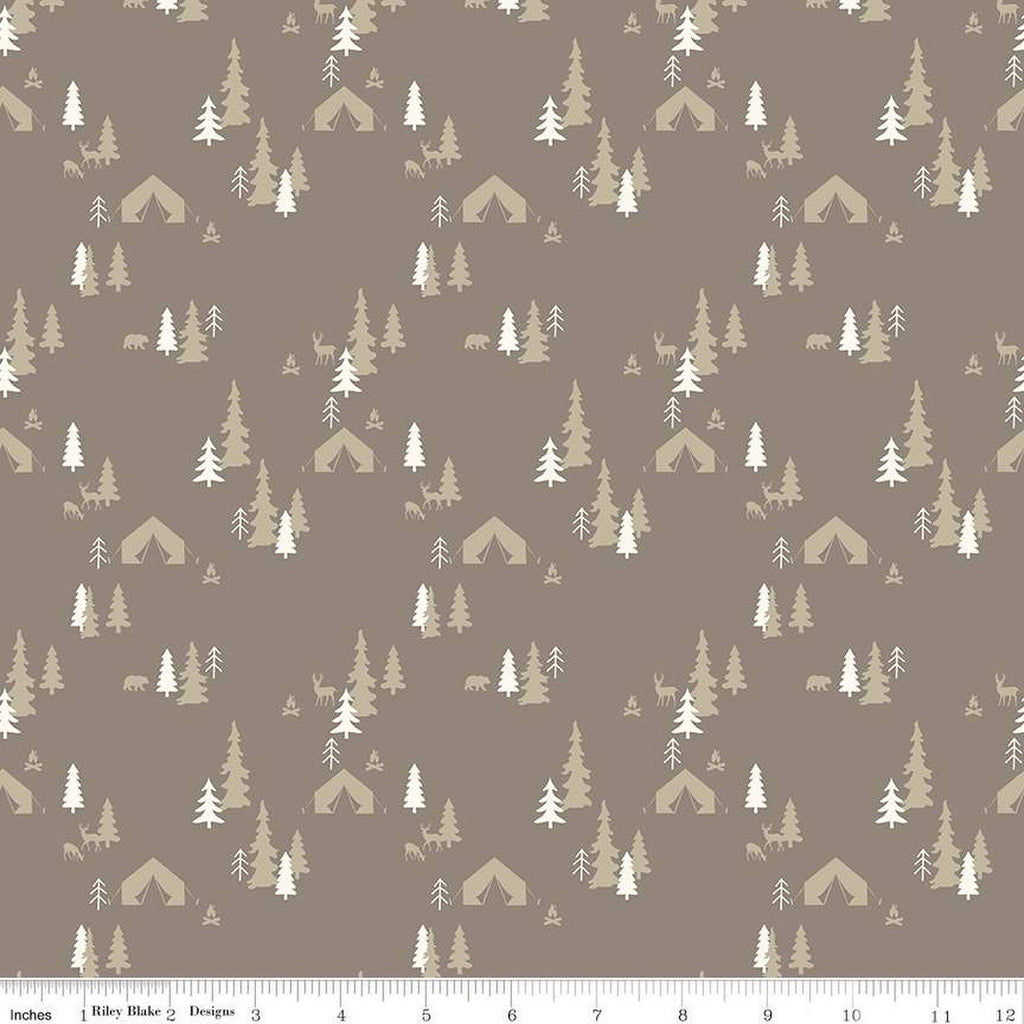 Glamp Camp Tent Pines C12352 Pebble - Riley Blake Designs - Glam Camping Glamping Trees Bears Deer Tents - Quilting Cotton Fabric