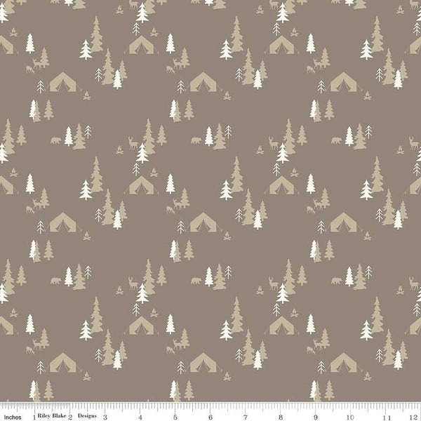 Glamp Camp Tent Pines C12352 Pebble - Riley Blake Designs - Glam Camping Glamping Trees Bears Deer Tents - Quilting Cotton Fabric