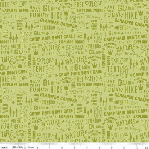 Fat Quarter End of Bolt - CLEARANCE Glamp Camp Phrases C12354 Green - Riley Blake- Glam Camping Glamping Text Icons - Quilting Cotton Fabric