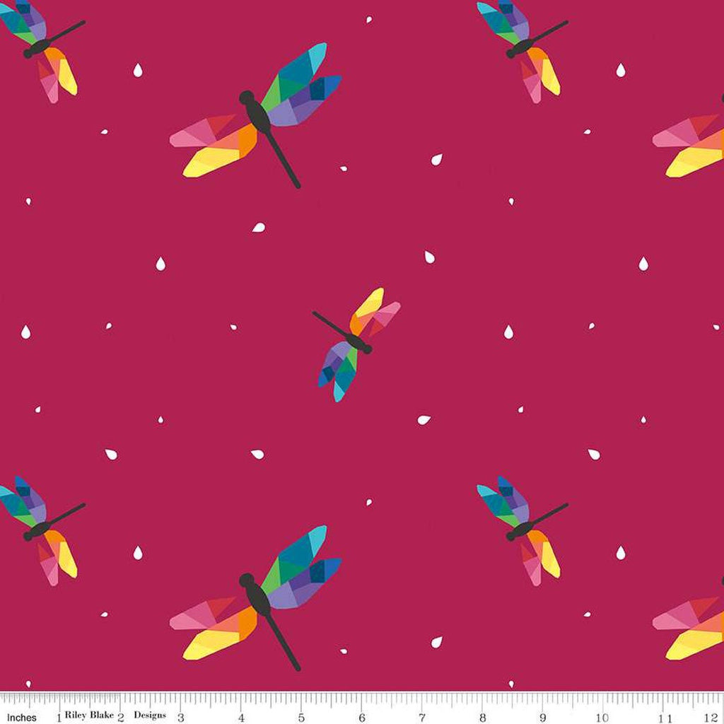 SALE Imagine Dragonfly Flight C12162 Crimson - Riley Blake Designs - Rainbow-Colored Dragonflies White Shapes - Quilting Cotton Fabric