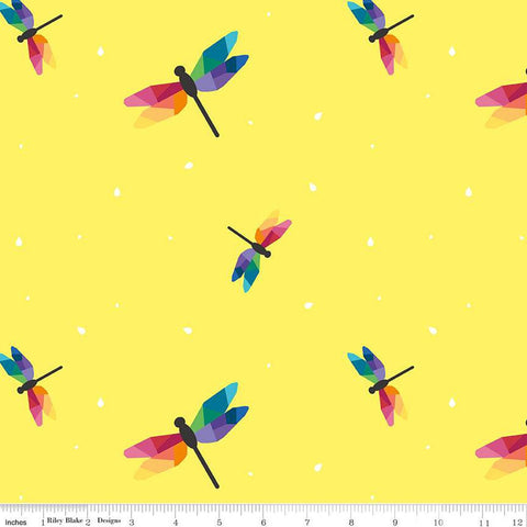 SALE Imagine Dragonfly Flight C12162 Yellow - Riley Blake Designs - Rainbow-Colored Dragonflies White Shapes - Quilting Cotton Fabric