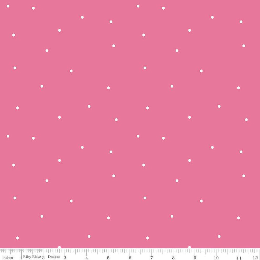 CLEARANCE Imagine Hexie Sprinkle C12166 Hot Pink - Riley Blake Designs - Small White Hexagons Hexies - Quilting Cotton Fabric