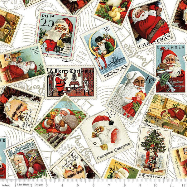 SALE Nicholas Santa Stamps CD12335 White - Riley Blake Designs - Christmas Santa Claus Vintage DIGITALLY PRINTED - Quilting Cotton