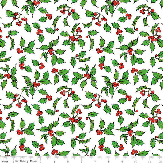 27" End of Bolt - DEAL Nicholas Holly Days C12338 White - Riley Blake Designs - Christmas Holly Leaves Berries - Quilting Cotton Fabric
