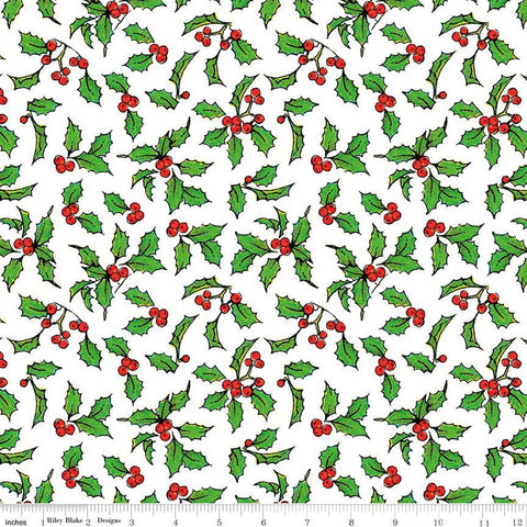 SALE Nicholas Holly Days C12338 White - Riley Blake Designs - Christmas Holly Leaves Berries - Quilting Cotton Fabric