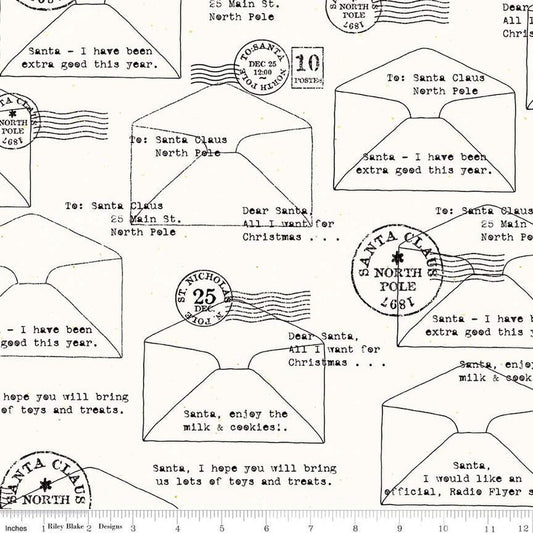 SALE Nicholas Letters to Santa C12340 White - Riley Blake Designs - Christmas Line-Drawn Envelopes Text - Quilting Cotton Fabric