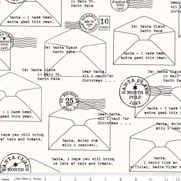 Nicholas Letters to Santa C12340 White - Riley Blake Designs - Christmas Line-Drawn Envelopes Text - Quilting Cotton Fabric