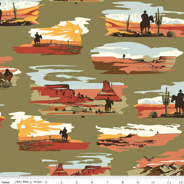 SALE Go West with John Wayne Main C12190 Moss - Riley Blake Designs - Cowboy Western Horses Landscapes - Quilting Cotton Fabric