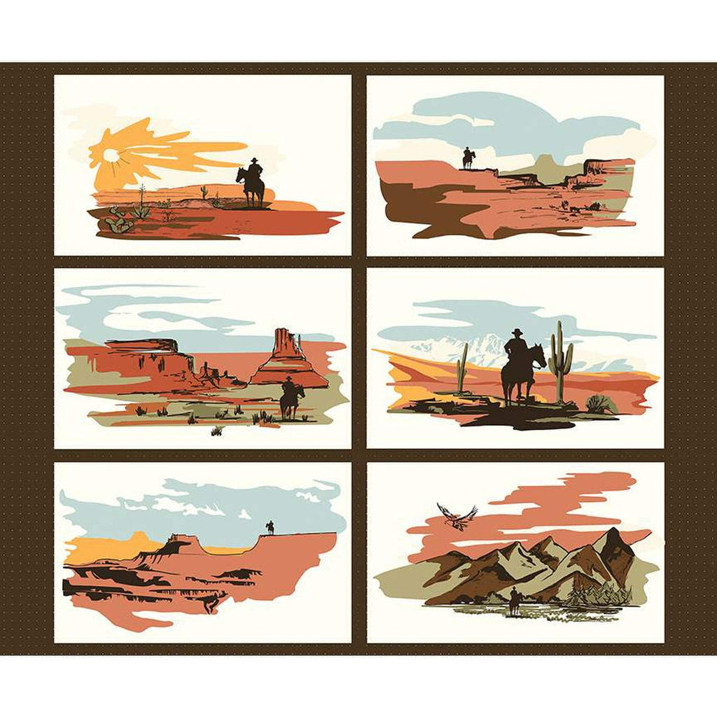 CLEARANCE Go West with John Wayne Panel P12195 by Riley Blake Designs - Six  Western Scenes Coyboys Horses - Quilting Cotton Fabric