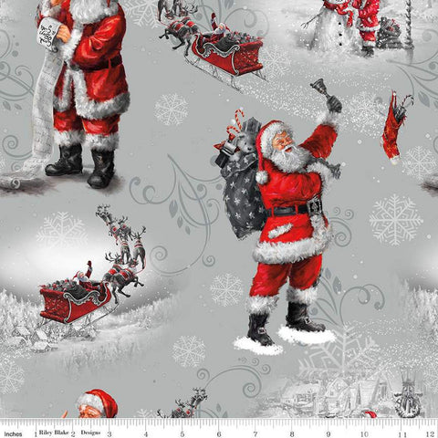 SALE Picture a Christmas Santa CD12370 Gray - Riley Blake Designs - DIGITALLY PRINTED Sleigh Snowmen Reindeer Snowflakes - Quilting Cotton