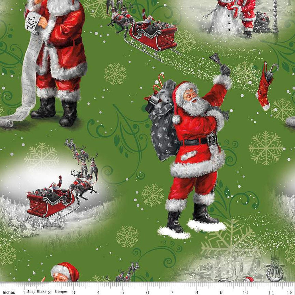 SALE Picture a Christmas Santa CD12370 Green - Riley Blake Designs - DIGITALLY PRINTED Sleigh Reindeer Snowmen  - Quilting Cotton Fabric
