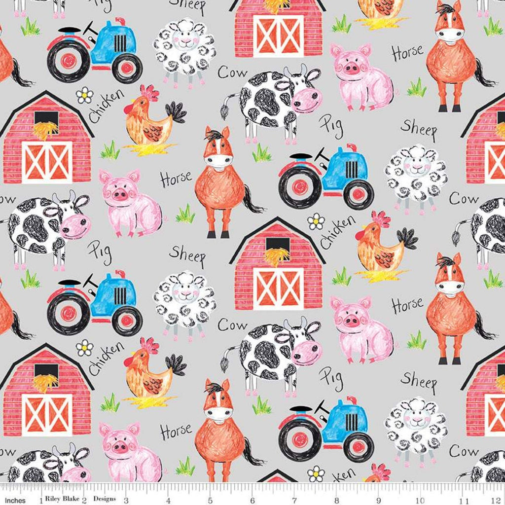 Coloring on the Farm Main C12230 Gray - Riley Blake Designs - Crayola Crayons Animals Barns Tractors Text  - Quilting Cotton Fabric