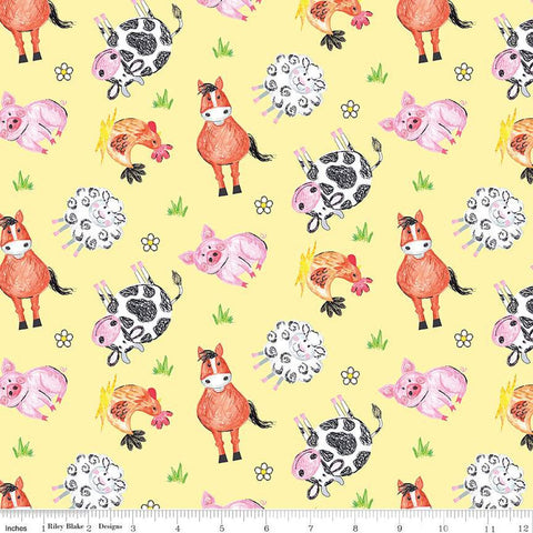 SALE Coloring on the Farm Animals C12231 Yellow - Riley Blake Designs - Crayola Crayons Cows Horses Sheep Pigs  - Quilting Cotton Fabric