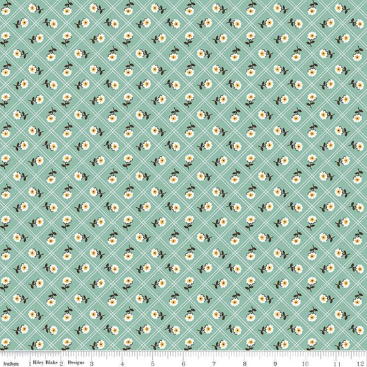 SALE Prairie Rose C12303 Heirloom Sea Glass - Riley Blake Designs - Floral Flowers Diagonal Lattice - Lori Holt - Quilting Cotton Fabric