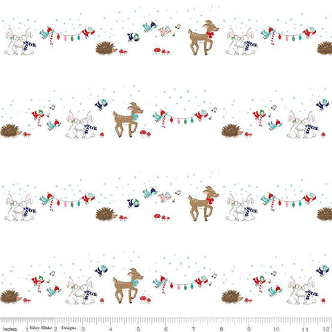 Pixie Noel 2 Animals C12111 White - Riley Blake Designs - Christmas Deer Rabbits Birds Hedgehogs Mushrooms - Quilting Cotton Fabric