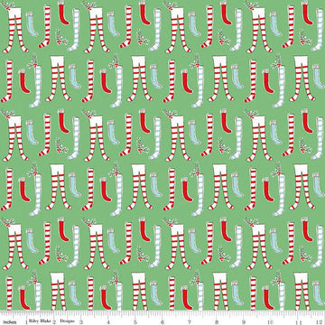 17" End of Bolt - SALE Pixie Noel 2 Stockings C12112 Green - Riley Blake Designs - Christmas - Quilting Cotton Fabric