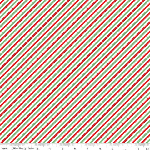 Pixie Noel 2 Stripes C12118 Green - Riley Blake Designs - Christmas 1/8" Diagonal Stripes Red Green White - Quilting Cotton Fabric