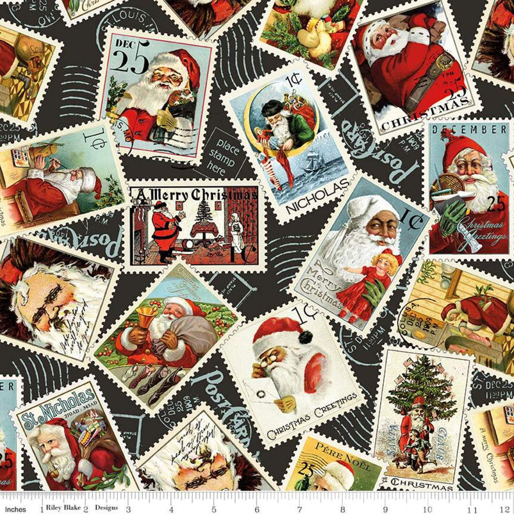 Nicholas Santa Stamps CD12335 Black - Riley Blake Designs - Christmas Santa Claus Vintage DIGITALLY PRINTED - Quilting Cotton