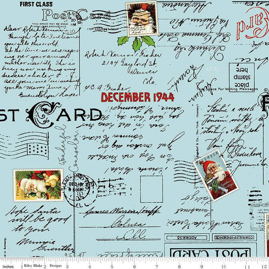 SALE Nicholas Christmas Greetings C12336 Blue - Riley Blake Designs - Post Cards Text Vintage Santa Stamps - Quilting Cotton Fabric