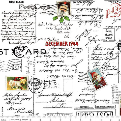 Nicholas Christmas Greetings C12336 White - Riley Blake Designs - Post Cards Text Vintage Santa Stamps - Quilting Cotton Fabric