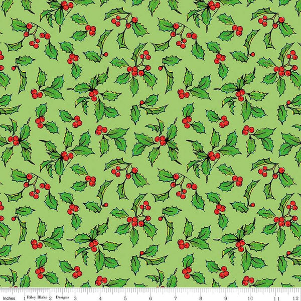 22" End of Bolt - SALE Nicholas Holly Days C12338 Green - Riley Blake Designs - Christmas Holly Leaves Berries - Quilting Cotton Fabric