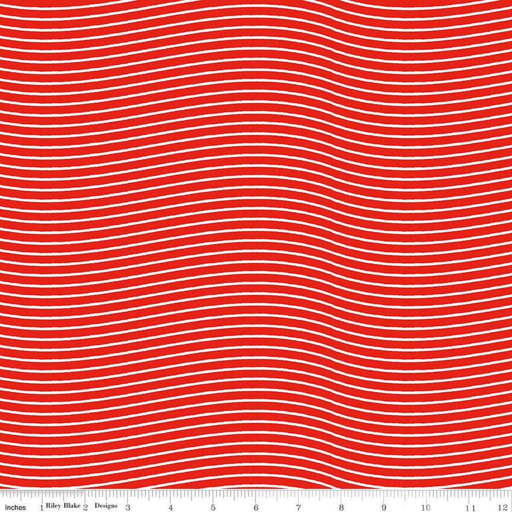 Nicholas Postal Stripes C12341 Red - Riley Blake Designs - Christmas Wavy White Lines Stripe - Quilting Cotton Fabric