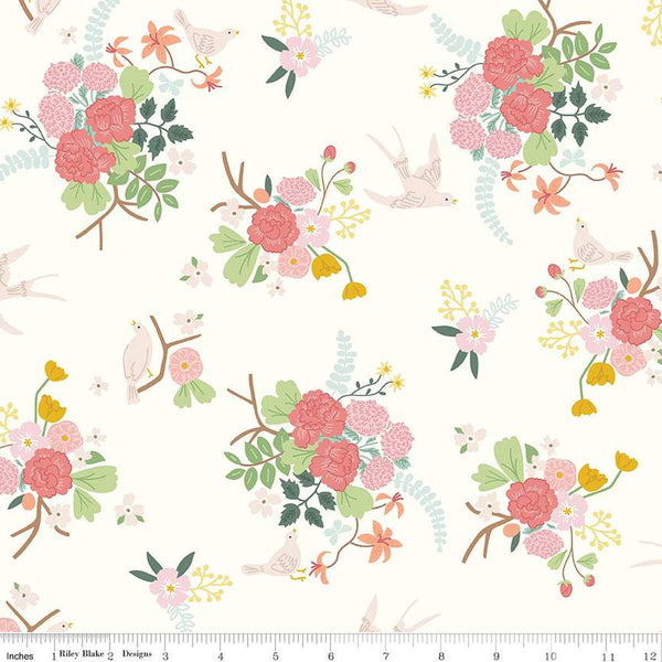 24" End of Bolt - SALE Emma Main C12210 Cream by Riley Blake Designs - Floral Flowers Birds - Quilting Cotton Fabric