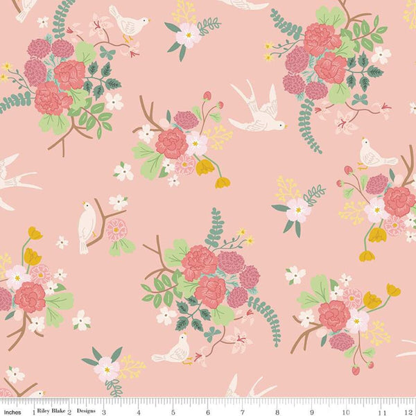 14" End of Bolt - Emma Main C12210 Pink by Riley Blake Designs - Floral Flowers Birds - Quilting Cotton Fabric