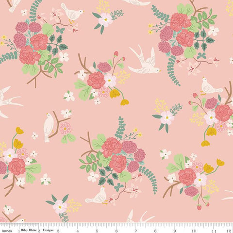 Emma Main C12210 Pink by Riley Blake Designs - Floral Flowers Birds - Quilting Cotton Fabric
