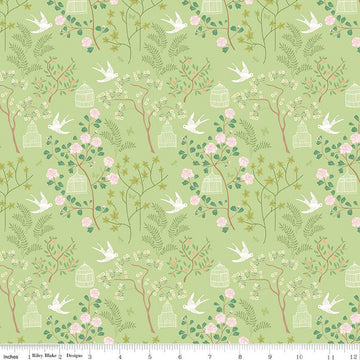 Fat Quarter End of Bolt - DEAL Emma Birdcage C12211 Green - Riley Blake - Leaves Flowers Birds Birdcages Bird Cages -Quilting Cotton Fabric