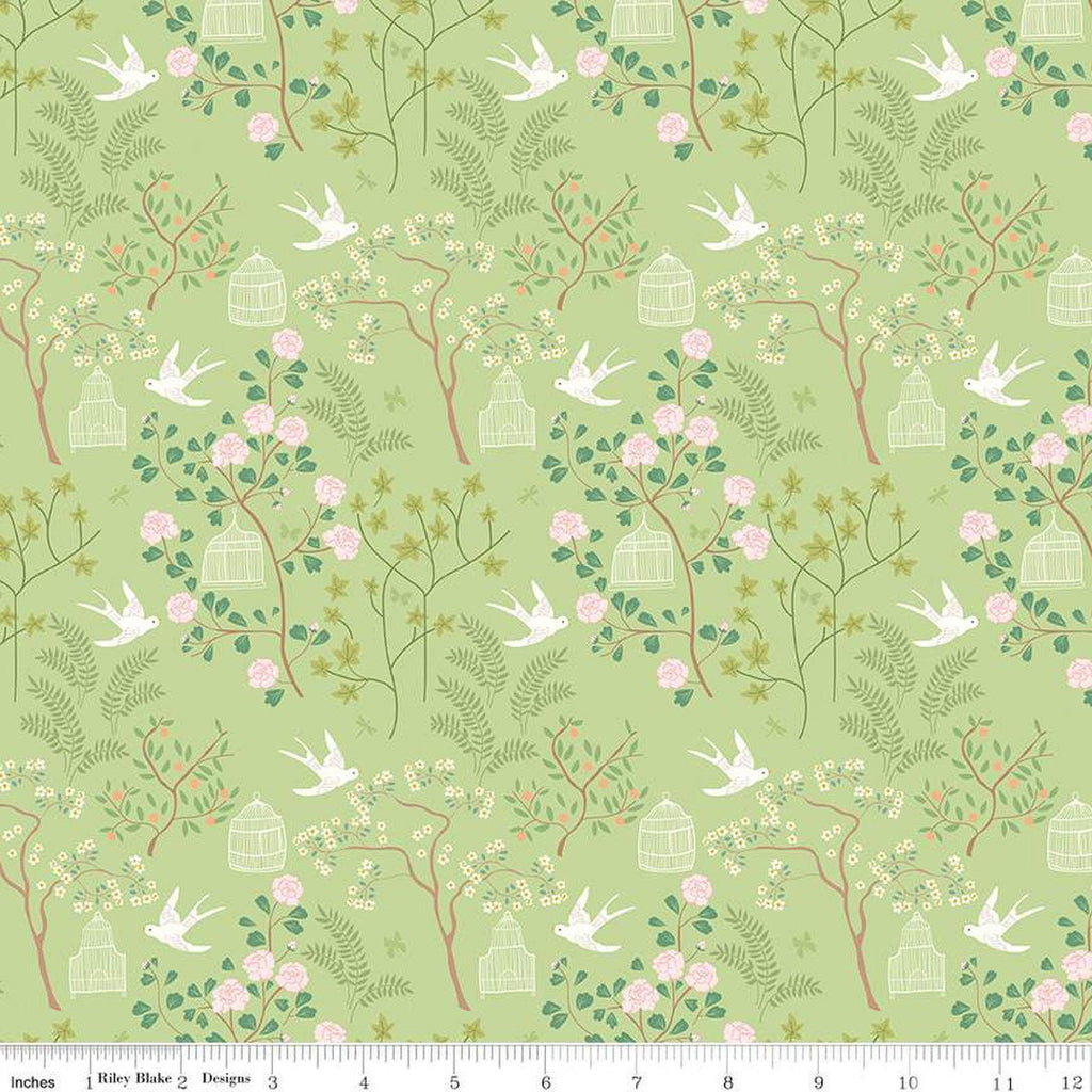 Emma Birdcage C12211 Green by Riley Blake Designs - Leaves Flowers Birds Birdcages Bird Cages - Quilting Cotton Fabric